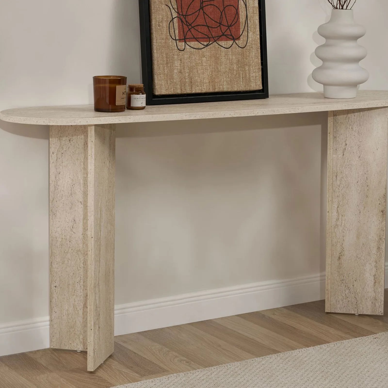 Console ovale Sam au décor travertin