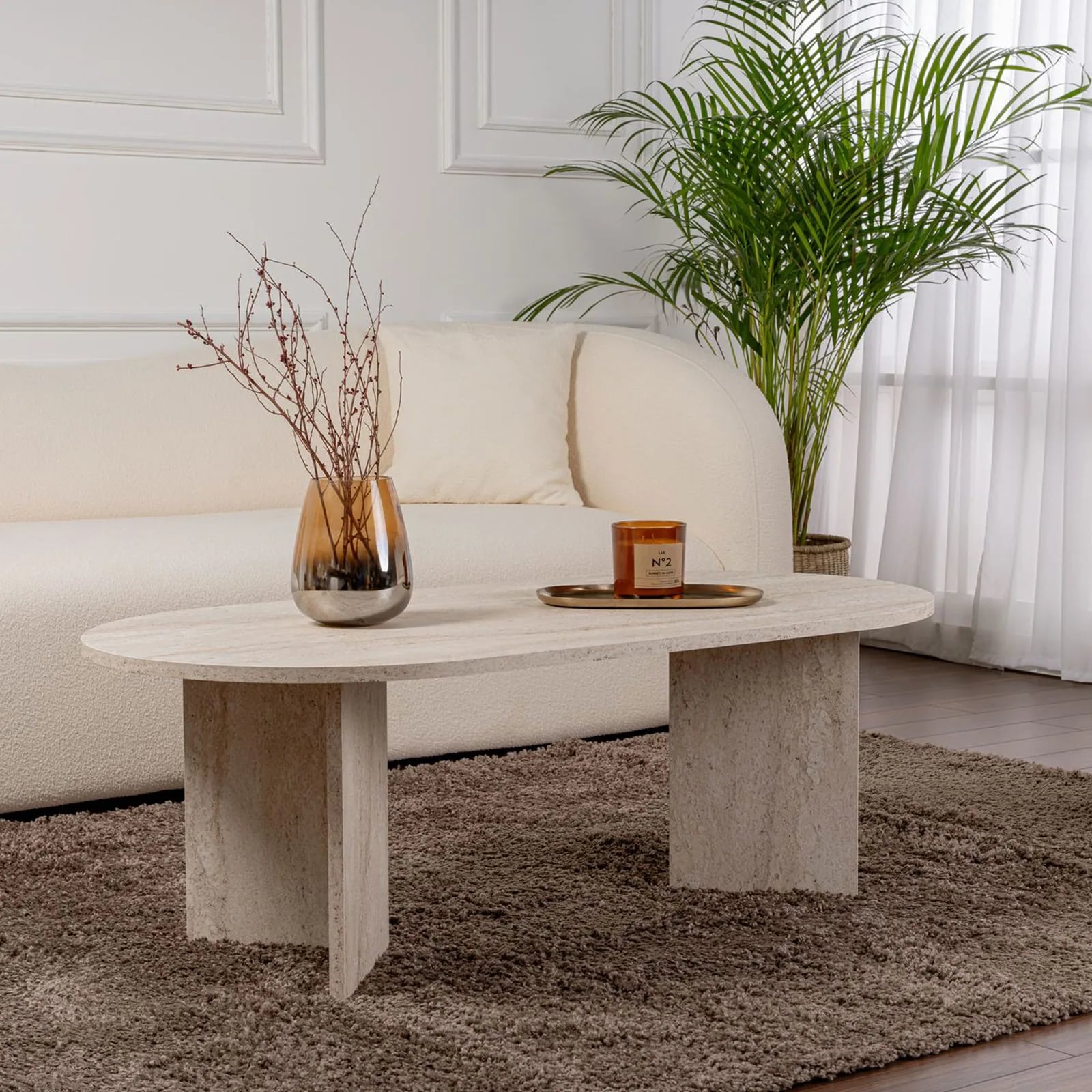 Table basse ovale Sam au décor travertin