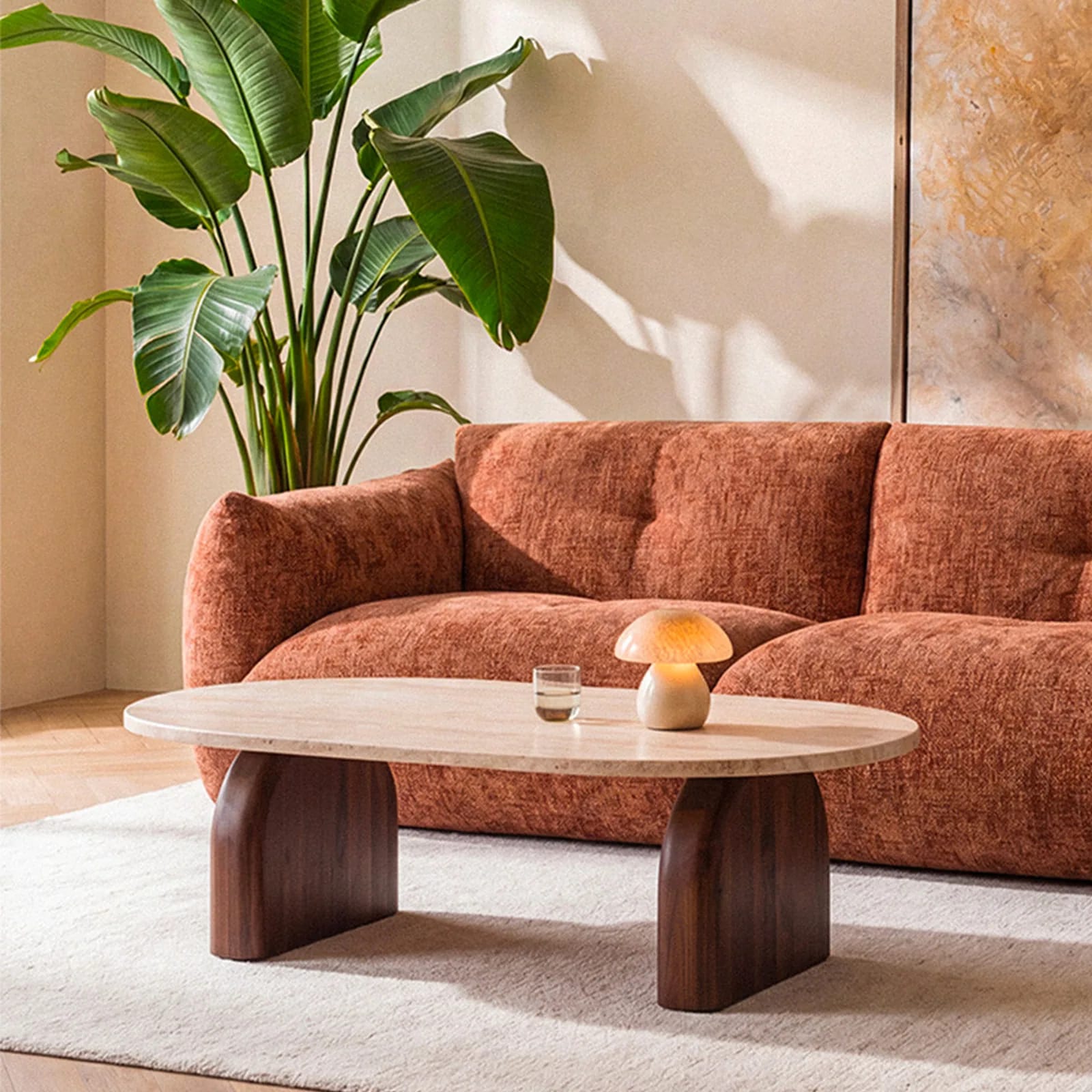 Table basse Lipali au décor travertin et pieds en bois massif