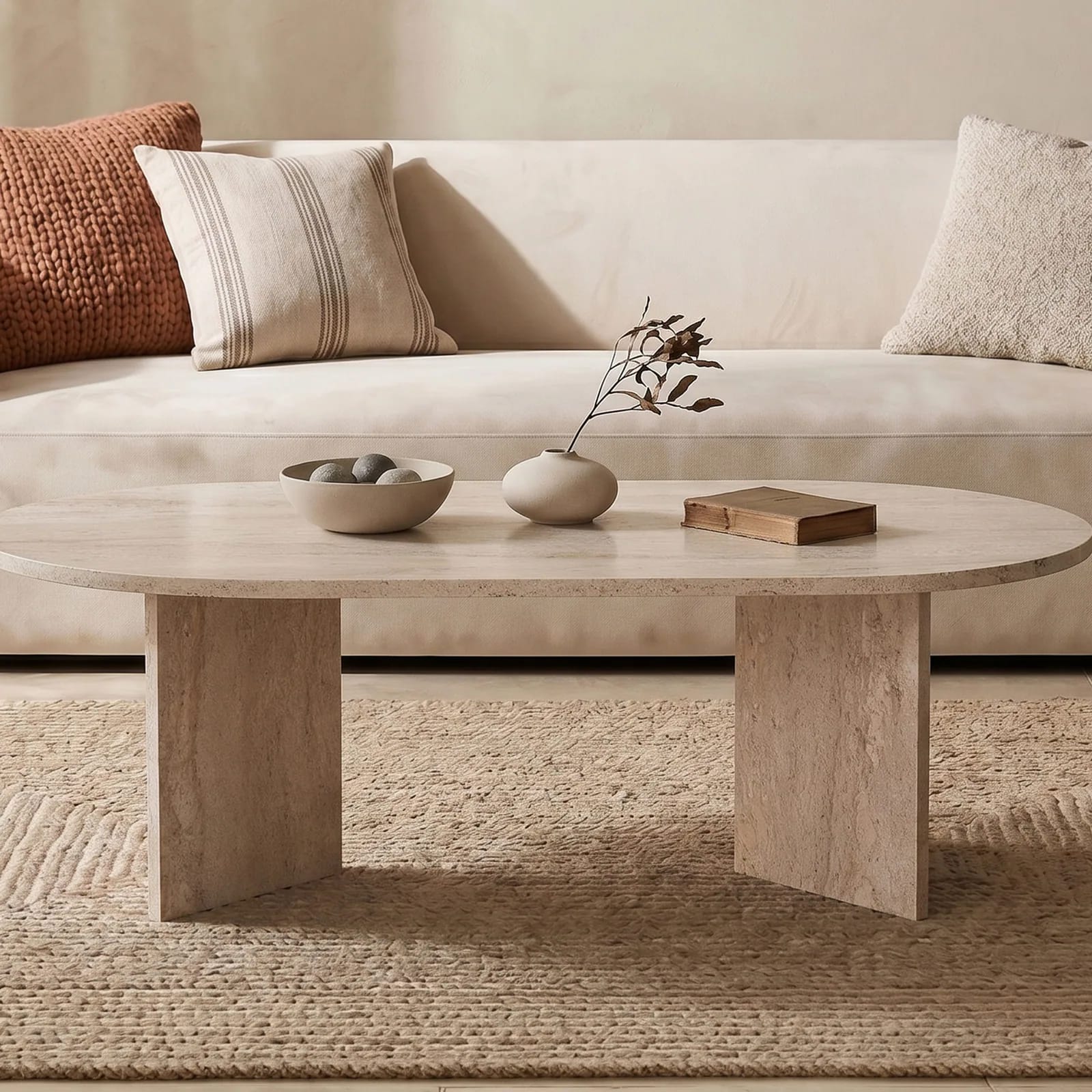 Table basse ovale Sam au décor travertin